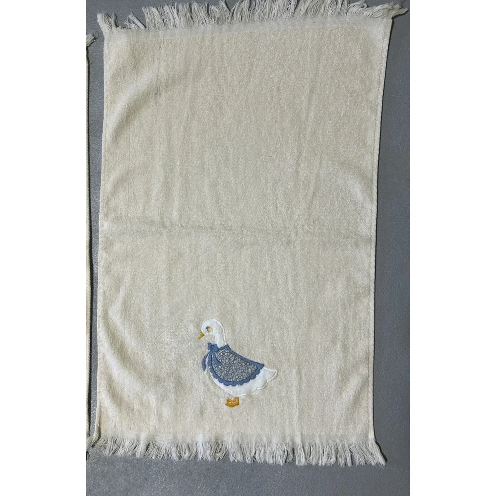 Vintage Cannon Geese Hand Towels Set of 2 Cream Blue Fringed Made in USA 1980s